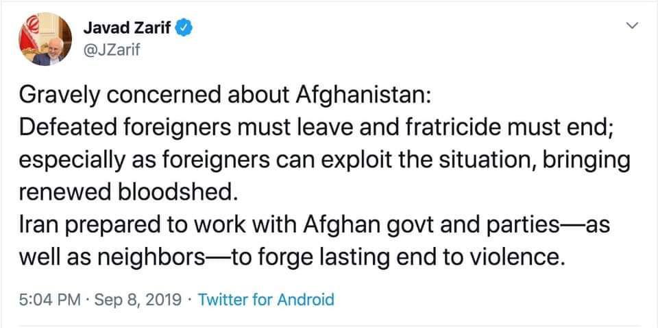 وزیر امور خارجه ایران: نیروهای خارجی شکست خورده باید افغانستان را ترک کنند