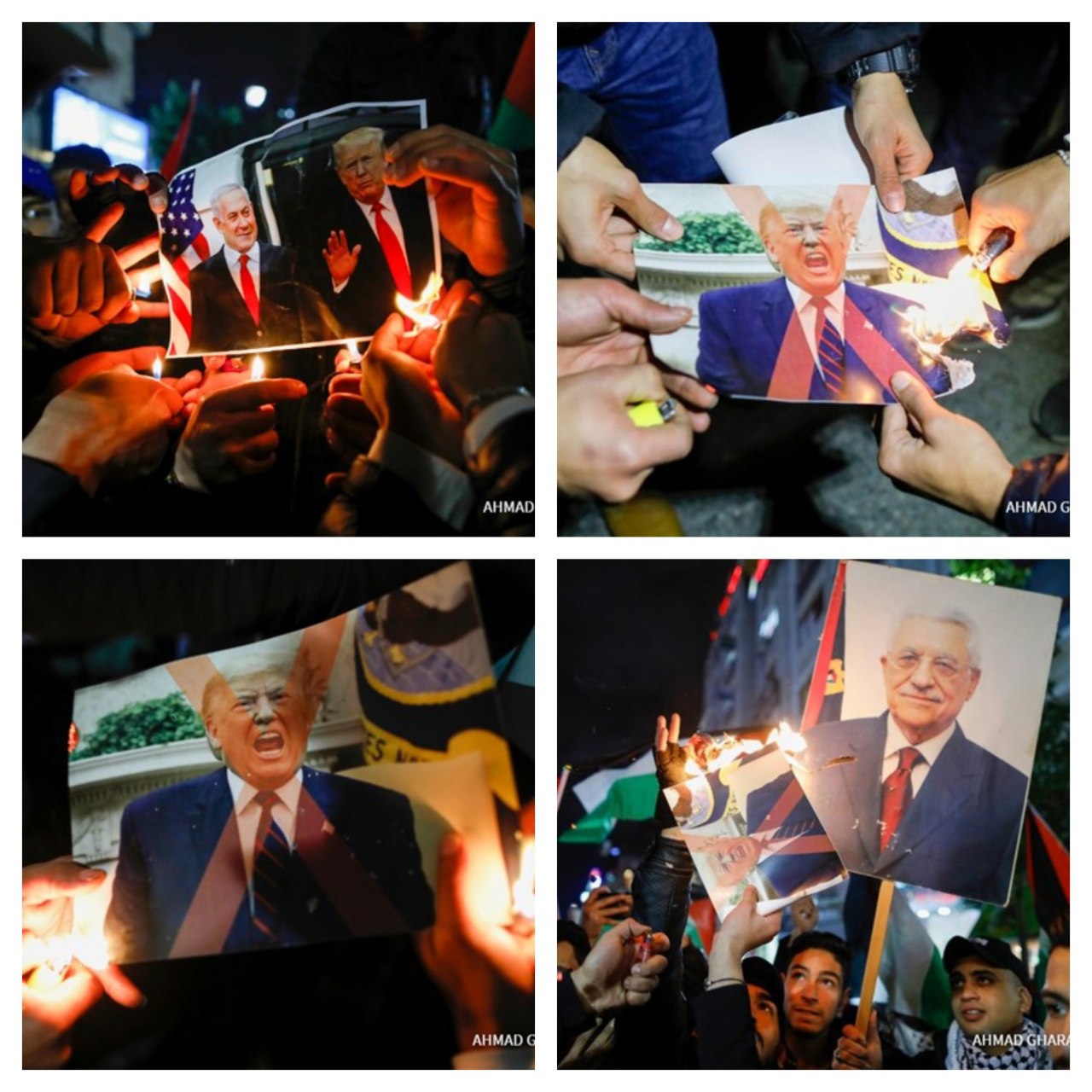 معترضان فلسطینی در کرانه باختری تصاویر ترامپ، نتانیاهو و پرچم آمریکا را به آتش کشیدند